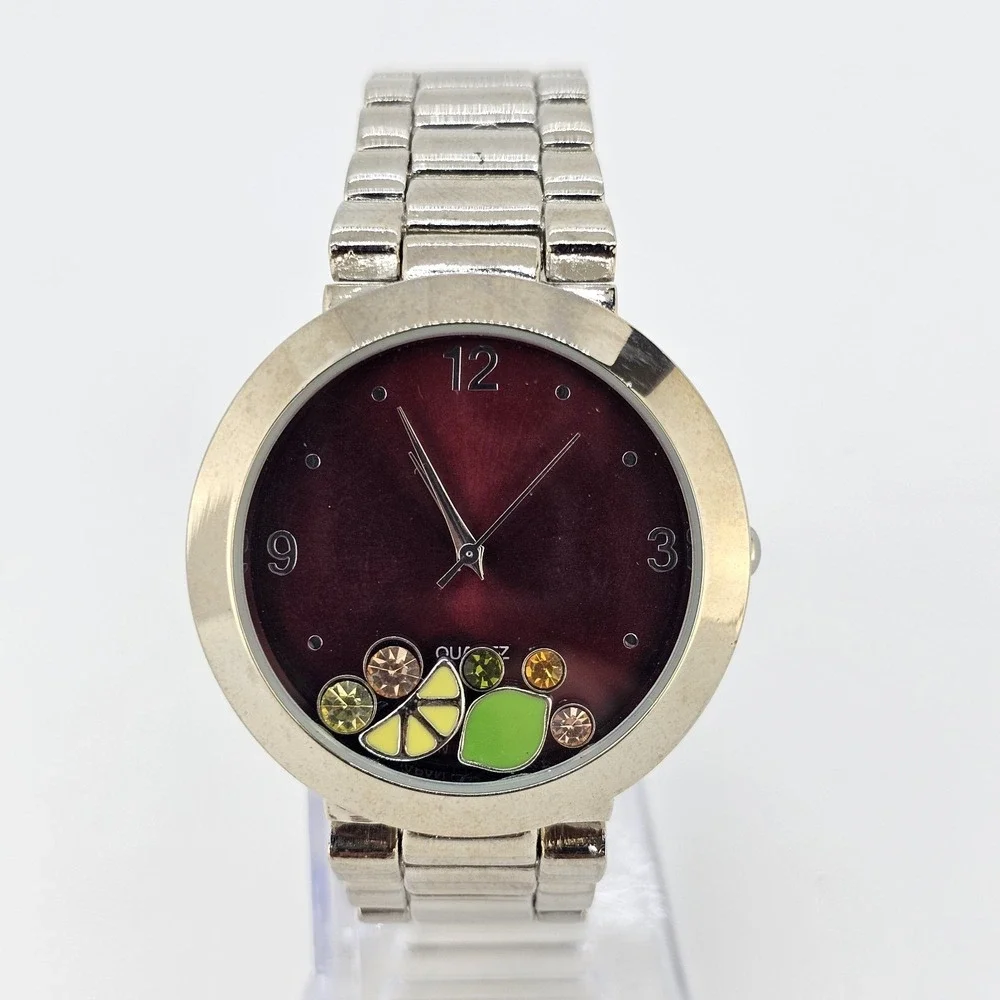 Women Watch 38MM Burgundy Dial Charms on Dial Gray Metal Bands 6.5